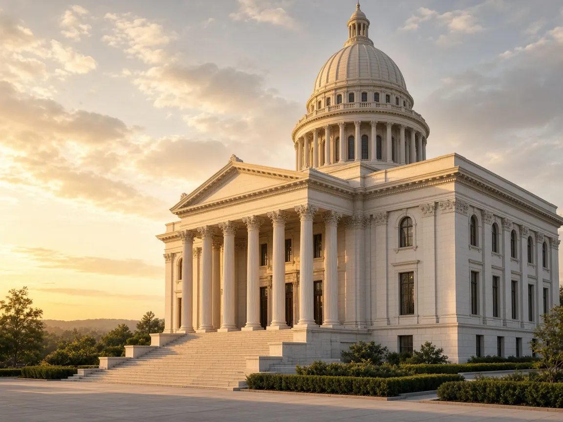 Neoclassical government building at golden hour